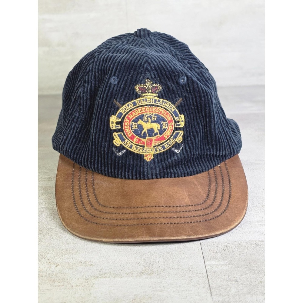 VTG Equestrian Polo by Ralph Lauren Navy/Brown Cap Adjustable Logo Crest O/S